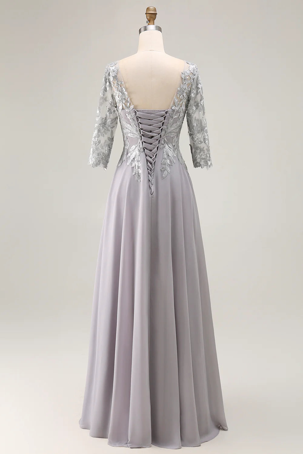 Silver Appliqued A Line V Neck Long Mother Of The Bride Dress with Lace Up Back