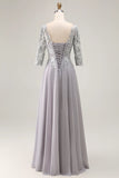 Silver Appliqued A Line V Neck Long Mother Of The Bride Dress with Lace Up Back