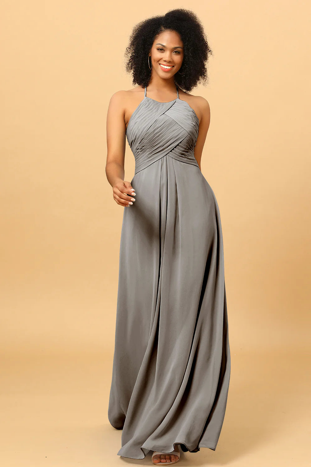 Sheath Halter Open Back Long Chiffon Bridesmaid Dress