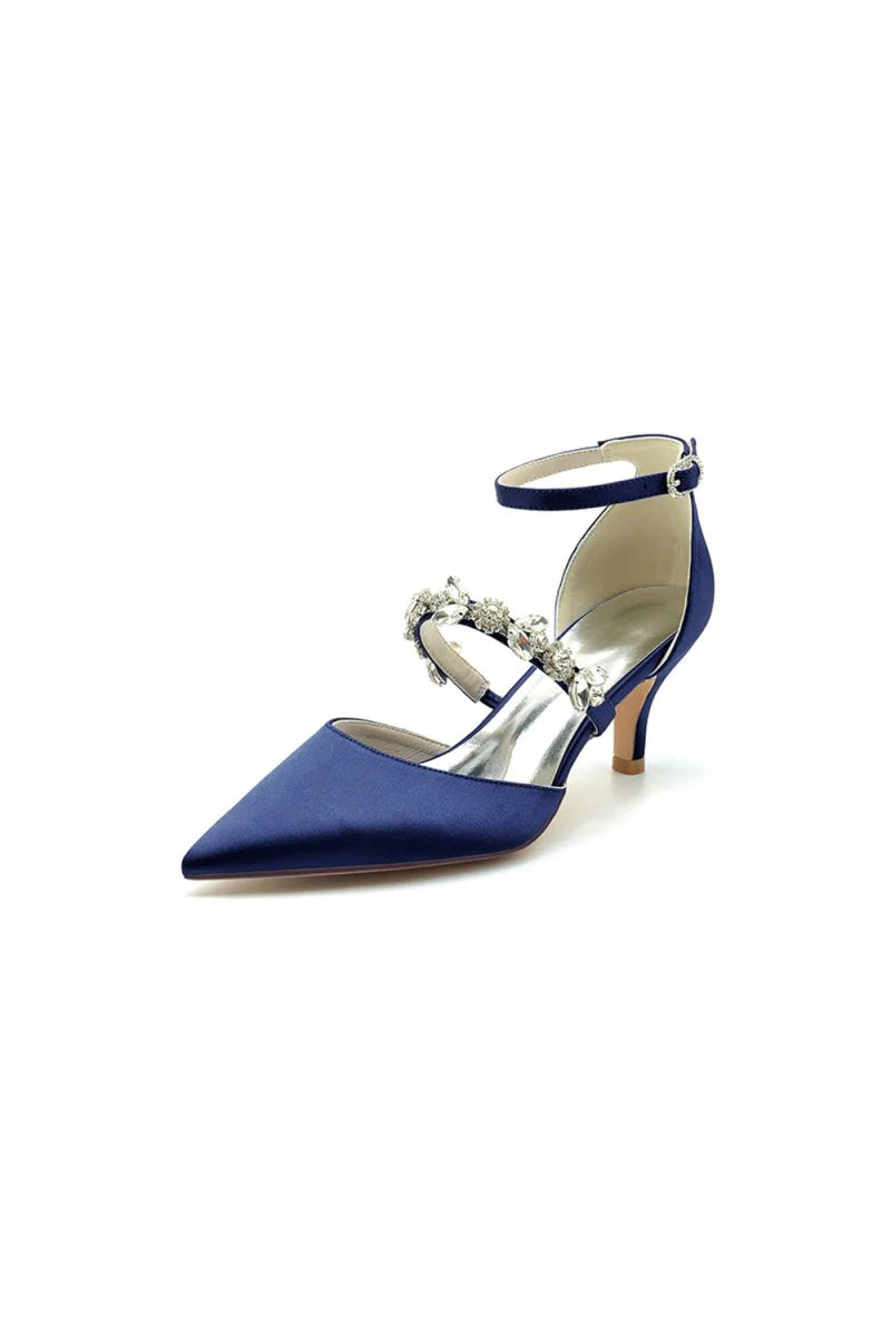 Crystal Strap Pointed Toe Satin Kitten Heels