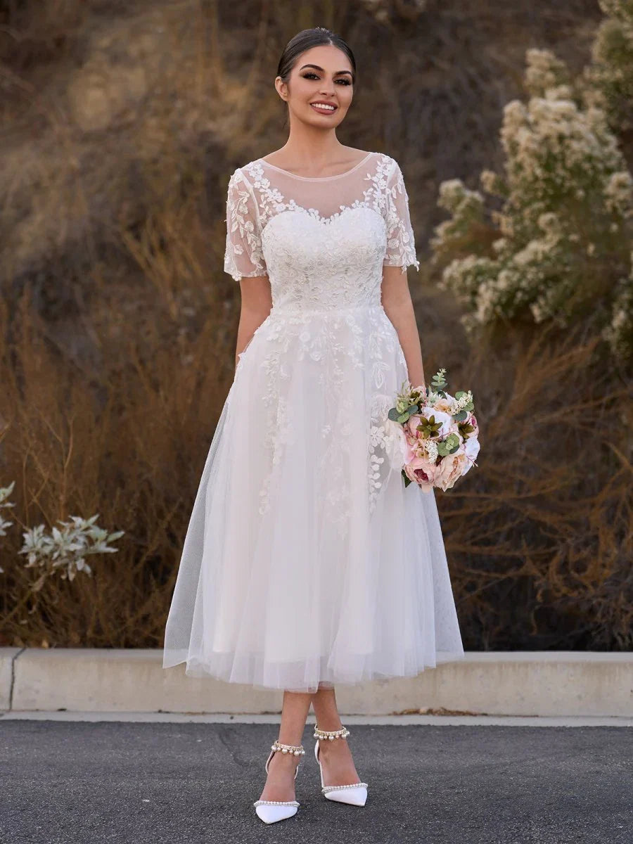 Tea Length Sleeves Ethereal Modern A Line V Neck Button Back Wedding Dress