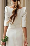 Sheath Ivory Bateau Neck Midi Courthouse Wedding Dress With Half Sleeves