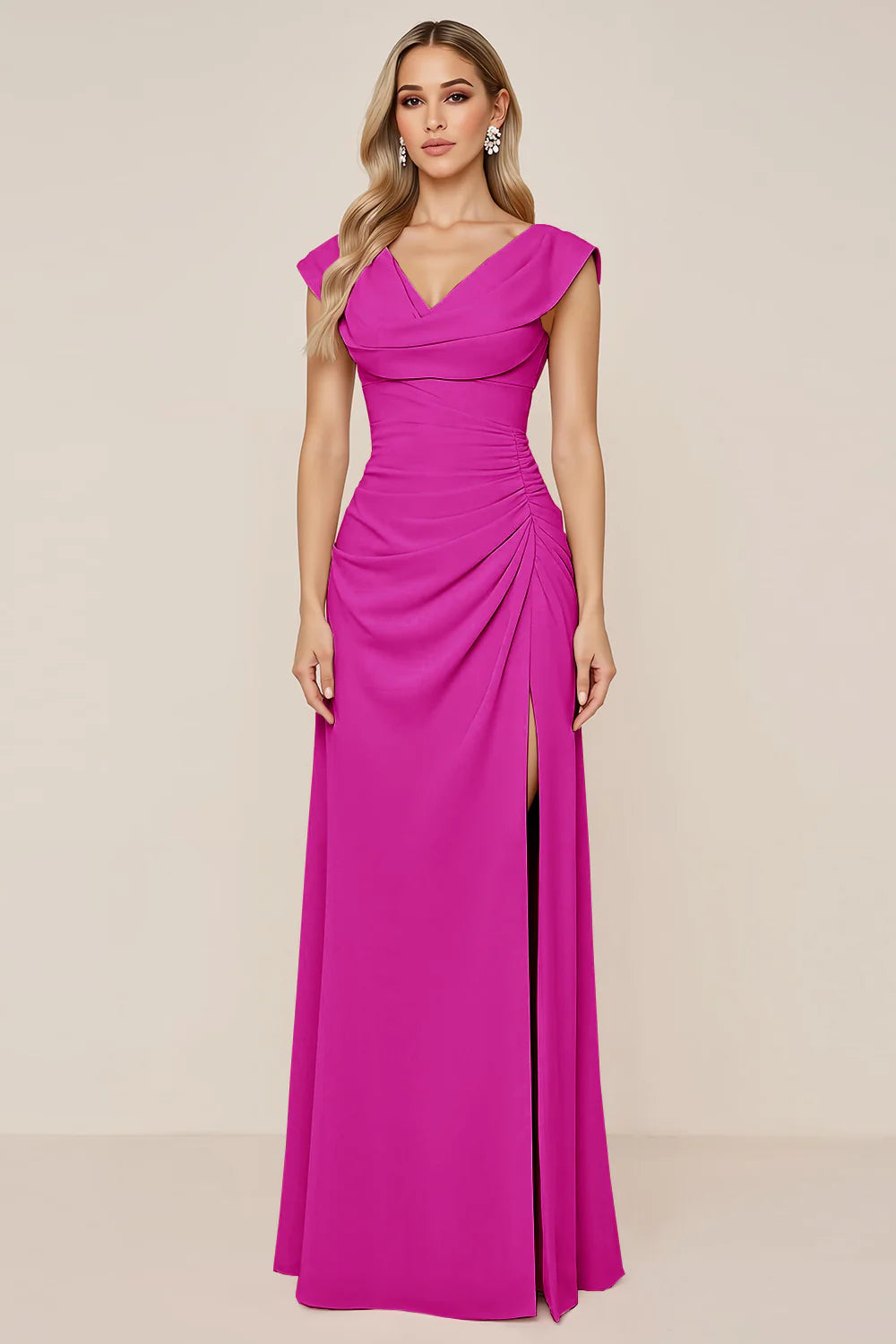 Candy Pink A Line Cowl Neck Long Bridesmaid Dress with Slit