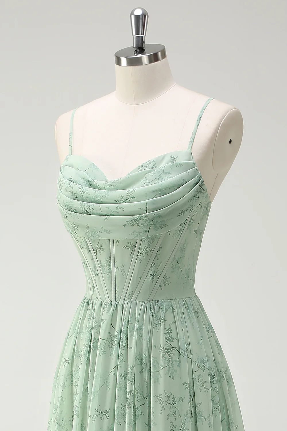 Green Floral A Line Cowl Neck Corset Long Bridesmaid Dress with Ruffle Slit