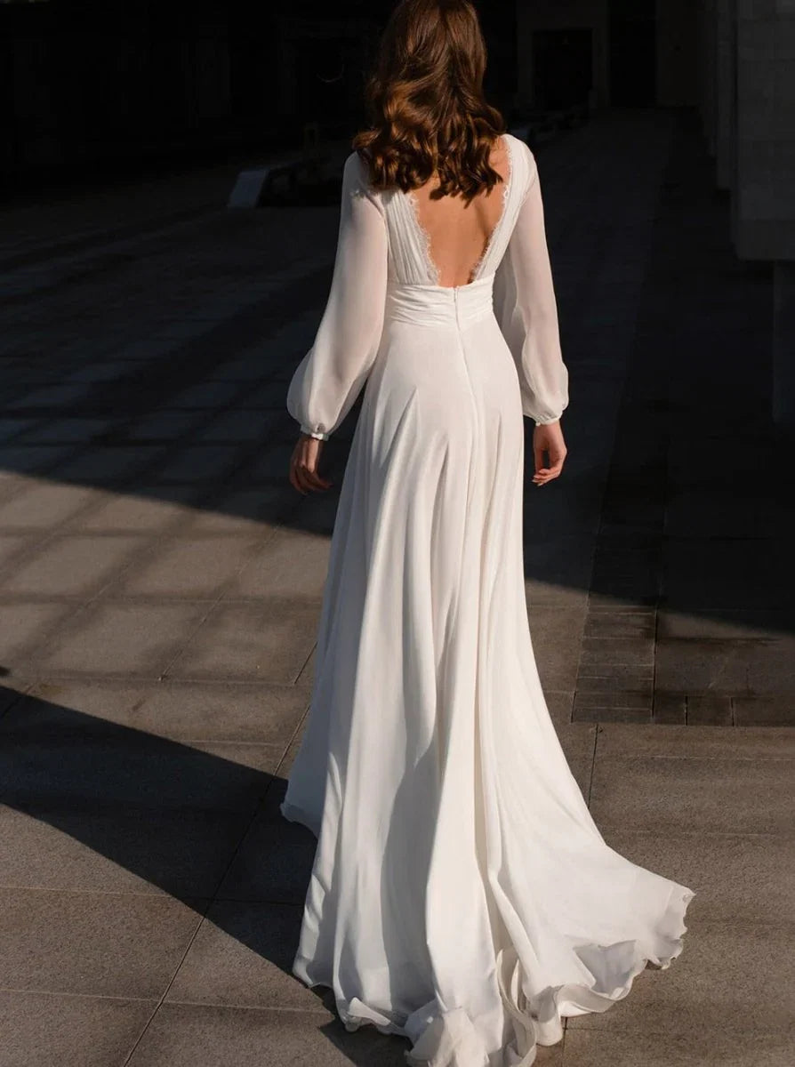 Boho A Line White V Neck Long Sleeve Wedding Dress