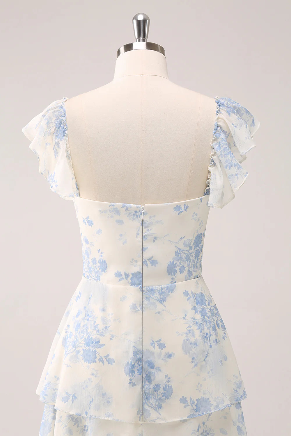 White Blue Floral A Line Off The Shoulder Tiered Print Bridesmaid Dress