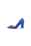 Chic Satin Pointed Toe Slip on Chunky Heels With Rhinestone