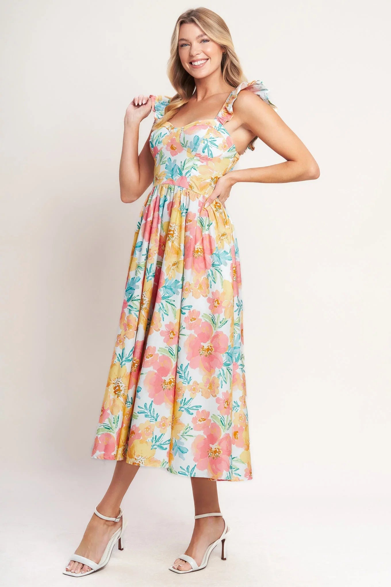 SOFT SUNSHINE FLORAL MIDI DRESS