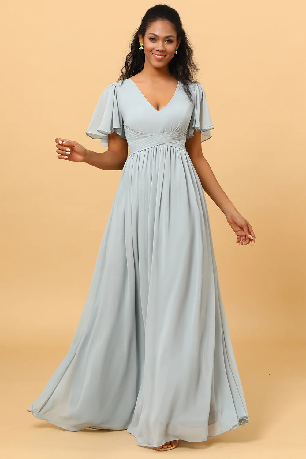 Dusty Blue A Line V Neck Short Sleeves Long Chiffon Bridesmaid Dress