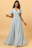Dusty Blue A Line V Neck Short Sleeves Long Chiffon Bridesmaid Dress