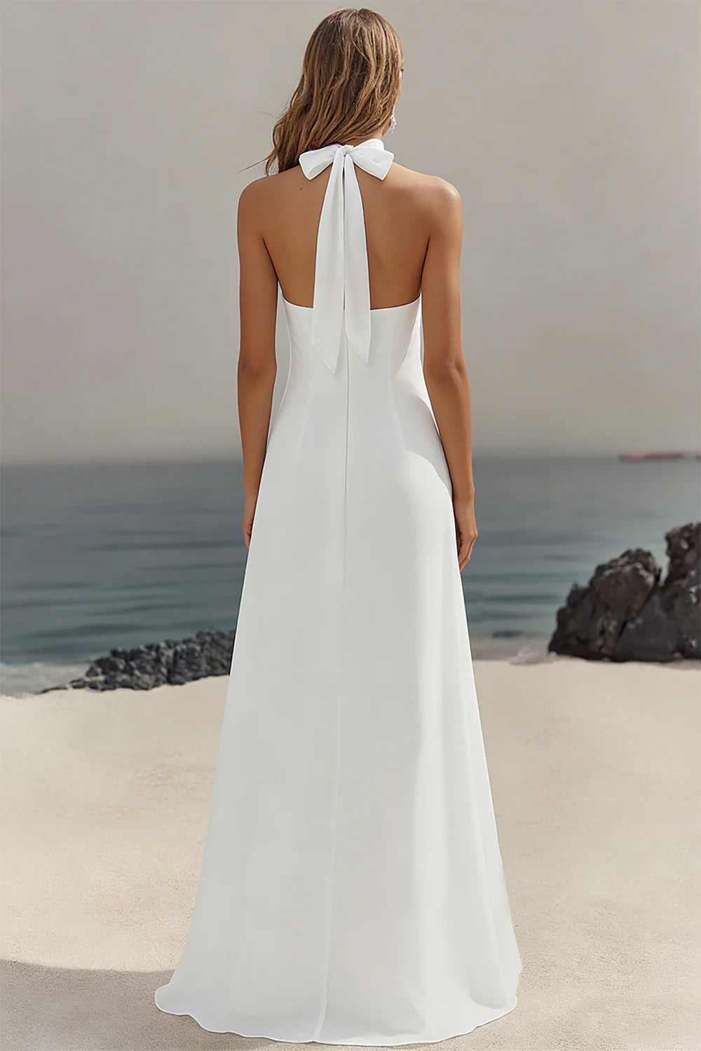 Simple White A Line Halter Long Engagement Dress