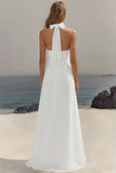 Simple White A Line Halter Long Engagement Dress