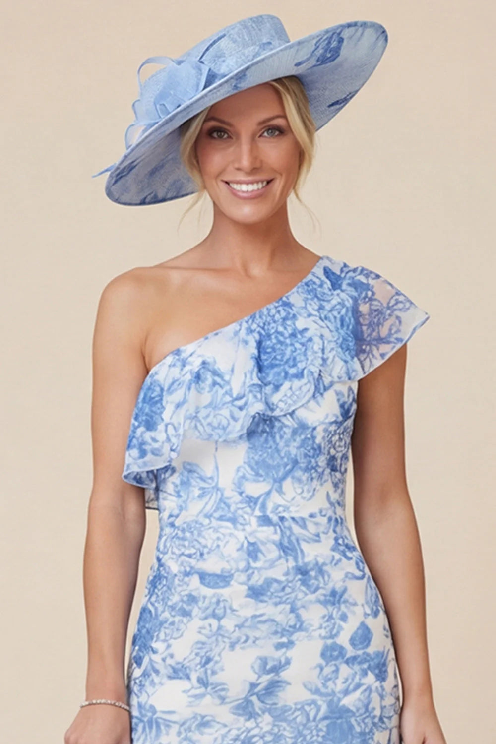 One Shoulder Light Blue Ruffle Floral Mother of the Bride Dress with Slit