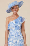 One Shoulder Light Blue Ruffle Floral Mother of the Bride Dress with Slit
