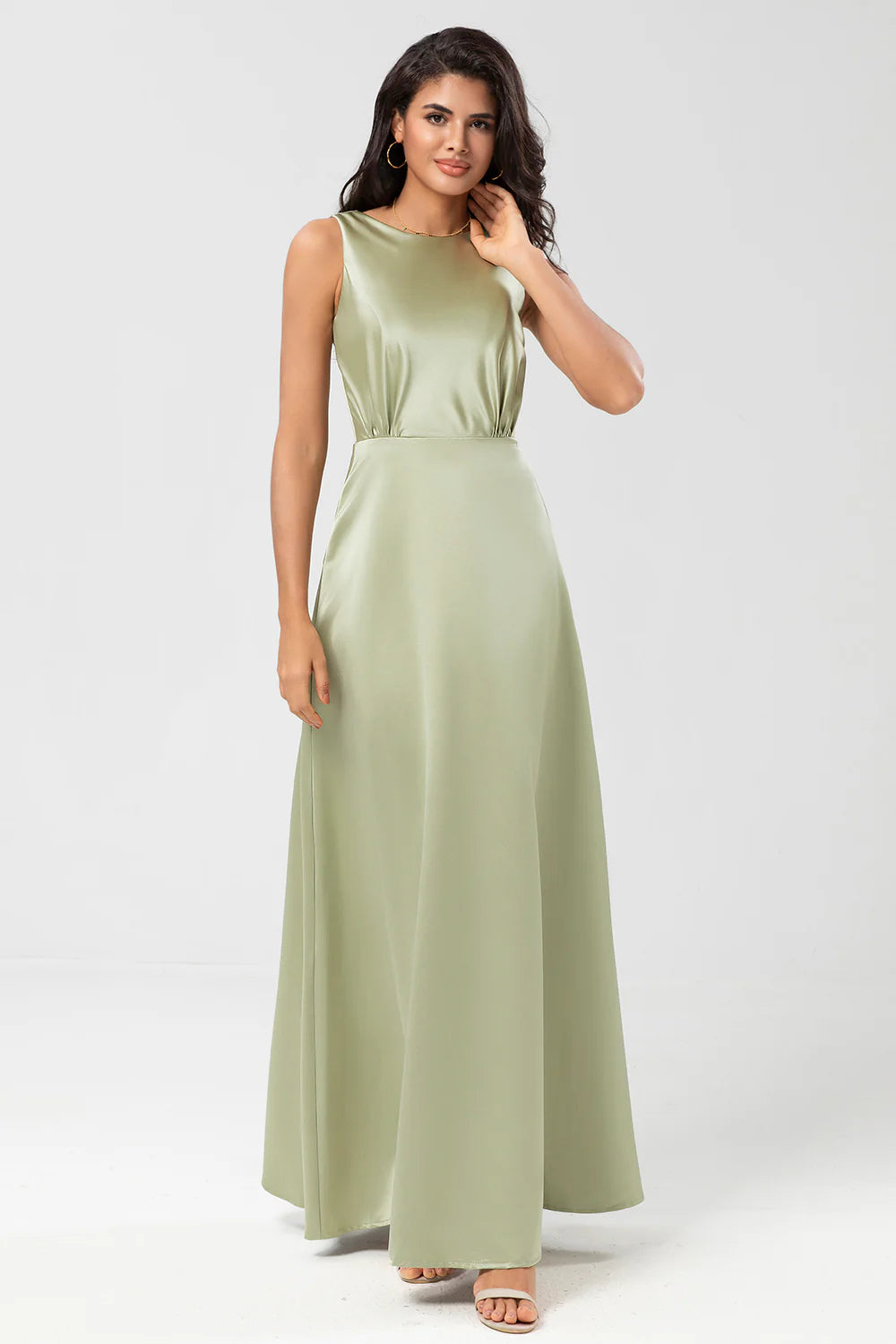 Dusty Sage A Line Floor Length Satin Bridesmaid Dress