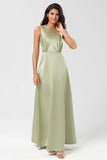 Dusty Sage A Line Floor Length Satin Bridesmaid Dress