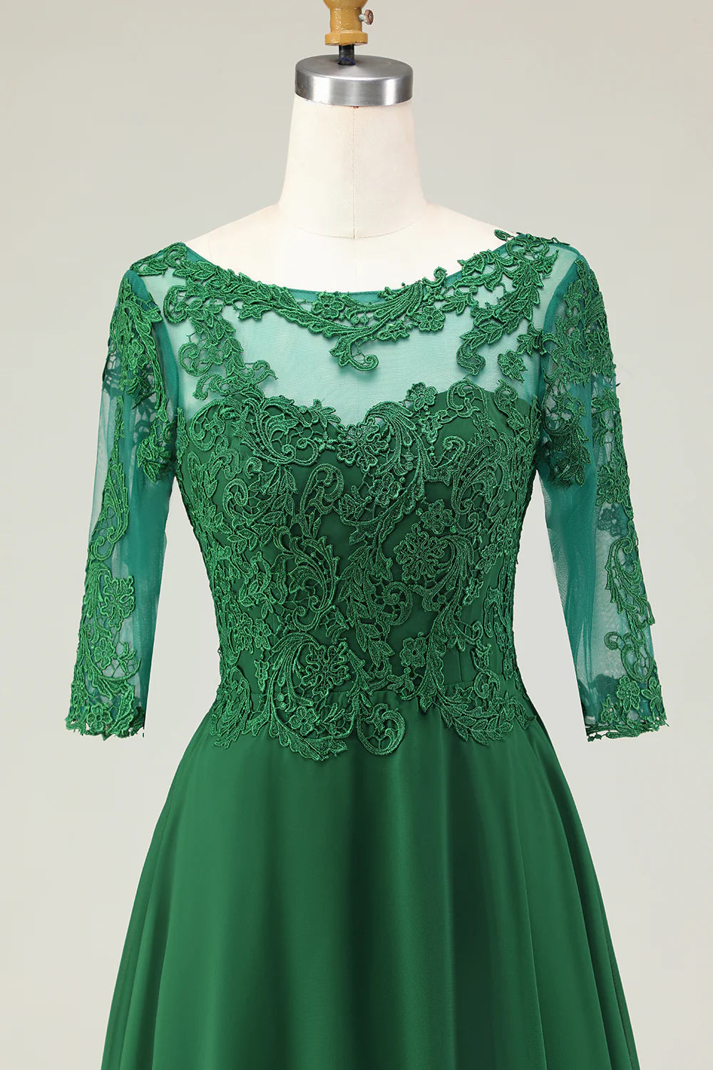 Green A Line Tie Back Appliqued Midi Mother Of The Bride Dress with Half Sleeves
