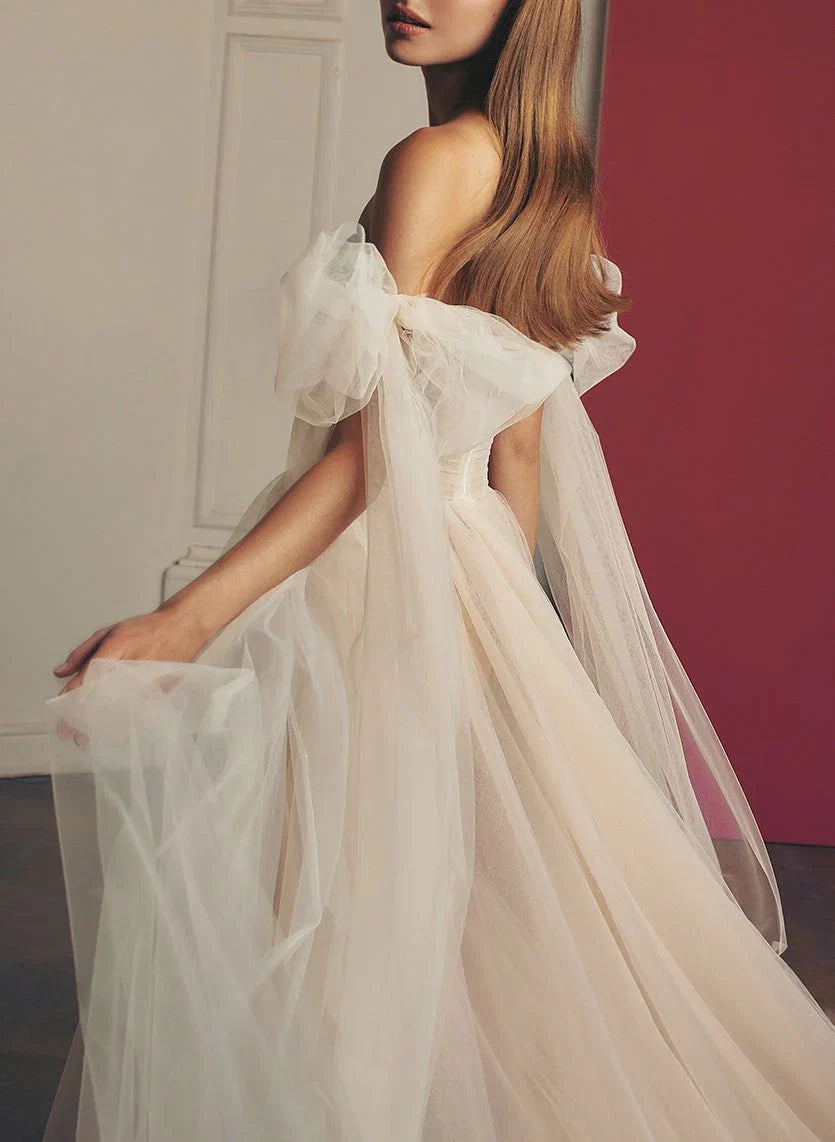 Beach Pleated Tulle Off The Shoulder A Line Wedding Dresses With Slit