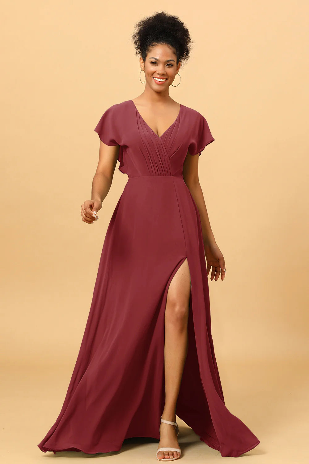 A Line V Neck Ruched Chiffon Bridesmaid Dress with Slit