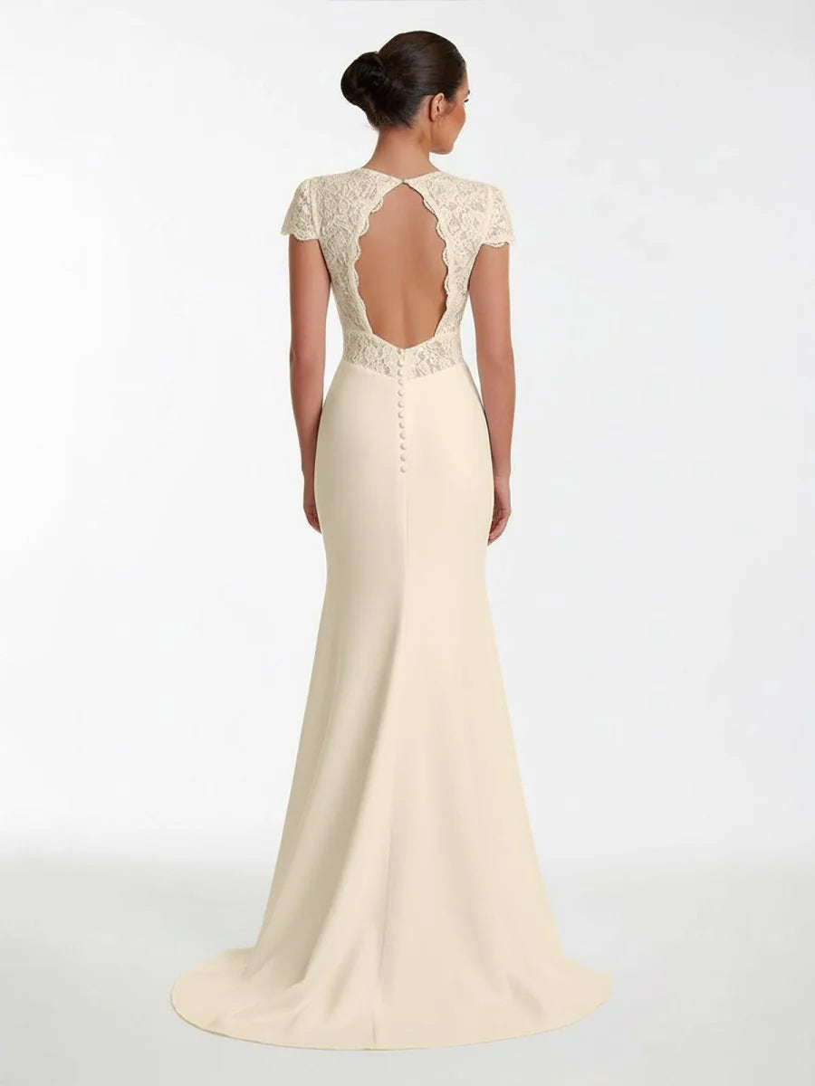 Modest Simple Sheath Short Sleeve Empire Floor Length Sweep Train Chiffon V neck Wedding Dress