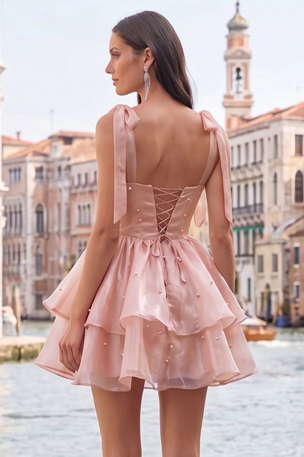 Cute Lilac A Line Pearl Tiered Short Homecoming Dress with Lace Up Back