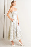 WHITE GOLD JACQUARD STRAPLESS MIDI DRESS
