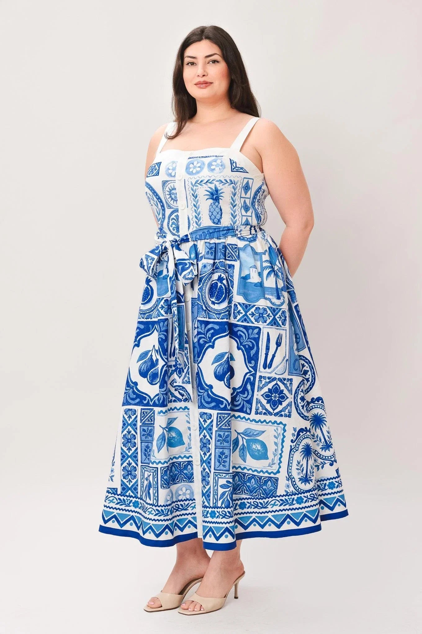 BLUE MAJOLICA CHARM MIDI DRESS