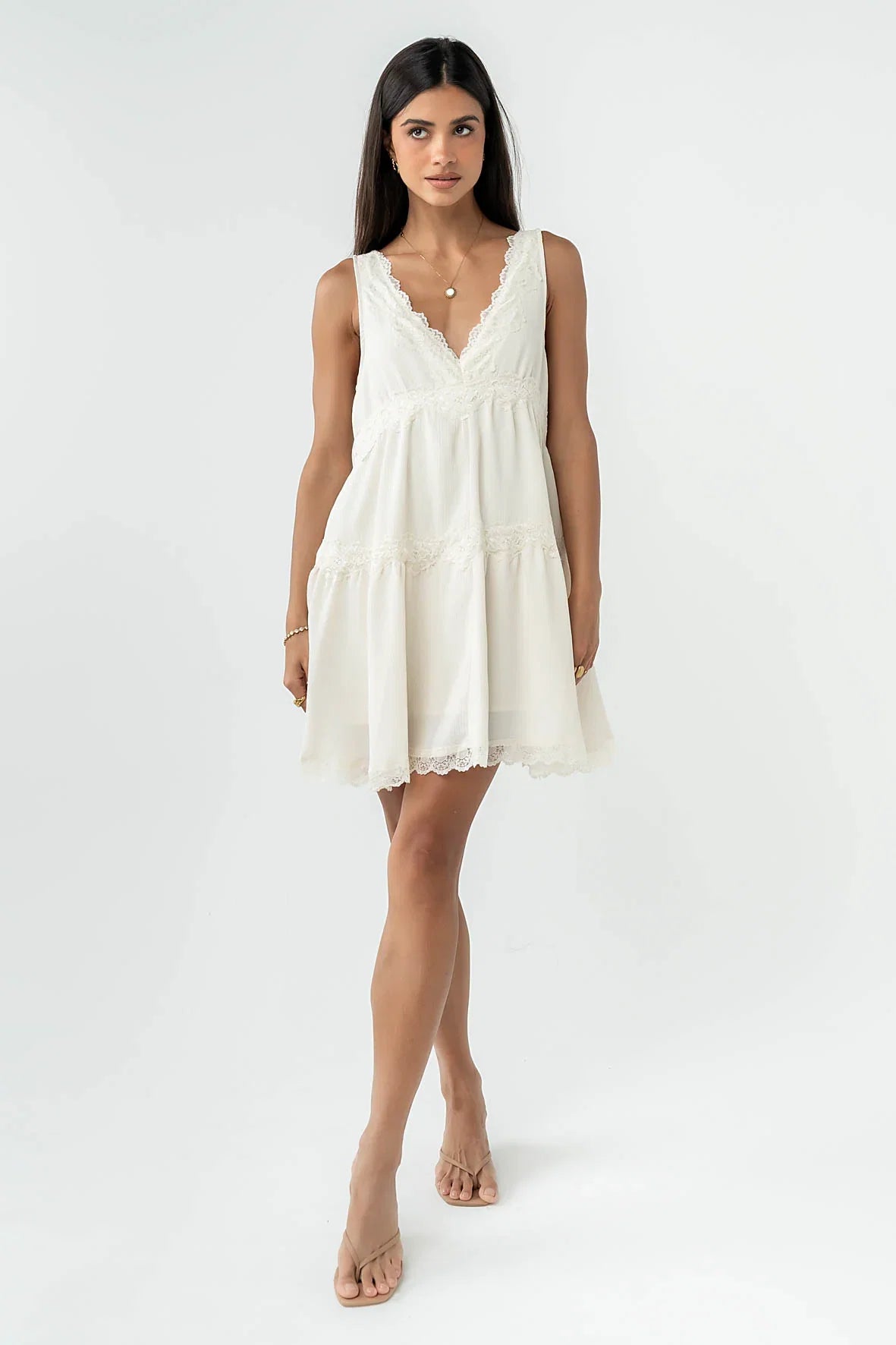 Quinny Lace Trim Mini Dress in Cream