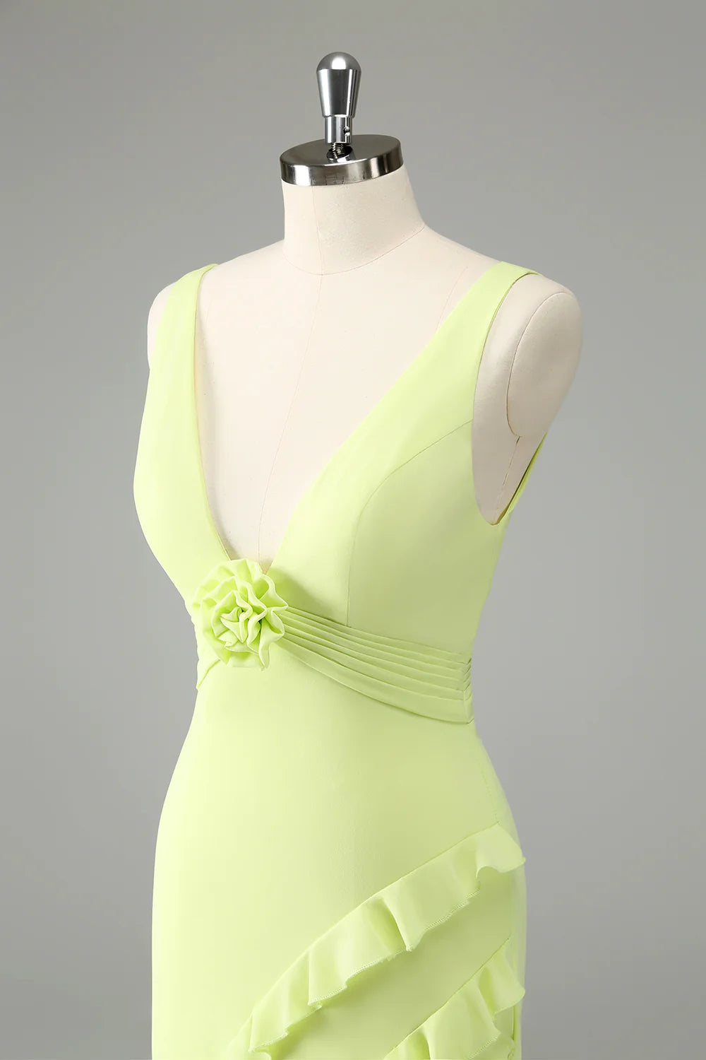 Lime A Line V Neck Floral Ruffle Open Back Bridesmaid Dress with Slit