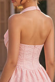 Halter A Line Jacquard Corset Pink Homecoming Dress