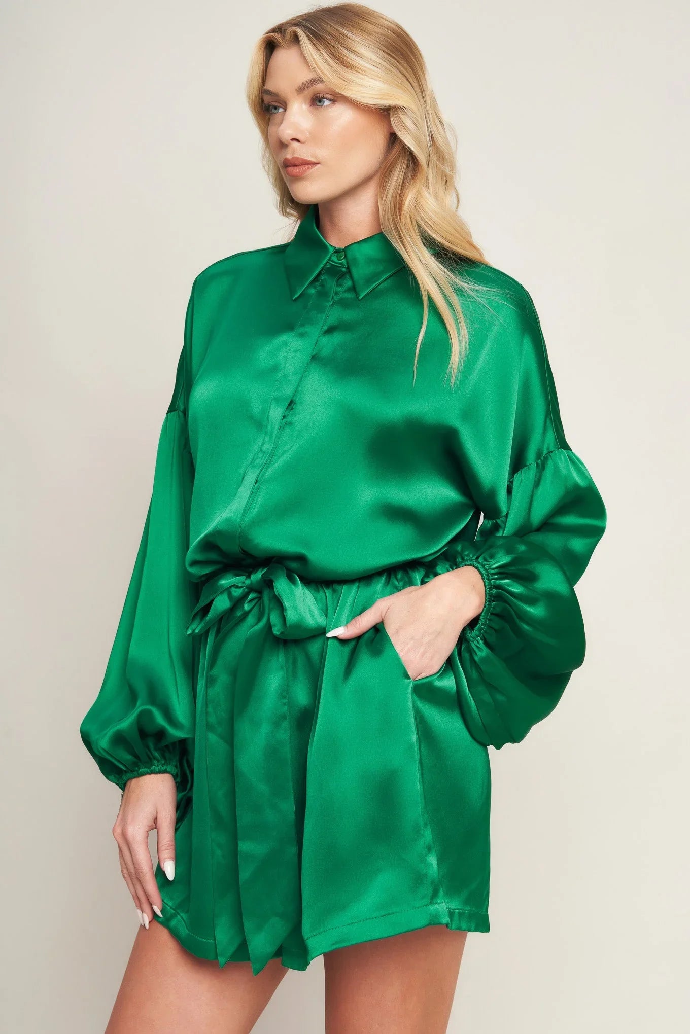 CELEBRATION TIME GREEN SATIN ROMPER WITH LONG SLEEVES FINAL SALE