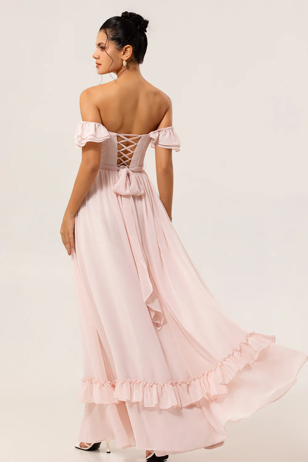 Dusty Sage A line Off The Shoulder Chiffon Long Bridesmaid Dress with Slit