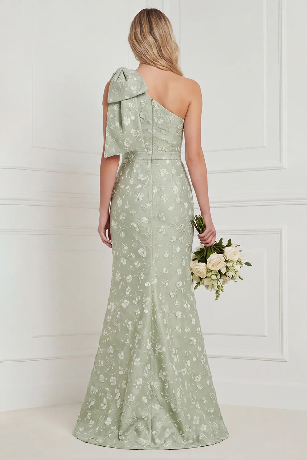One Shoulder Sage Floral Jacquard Mermaid Bridesamid Dress with Slit