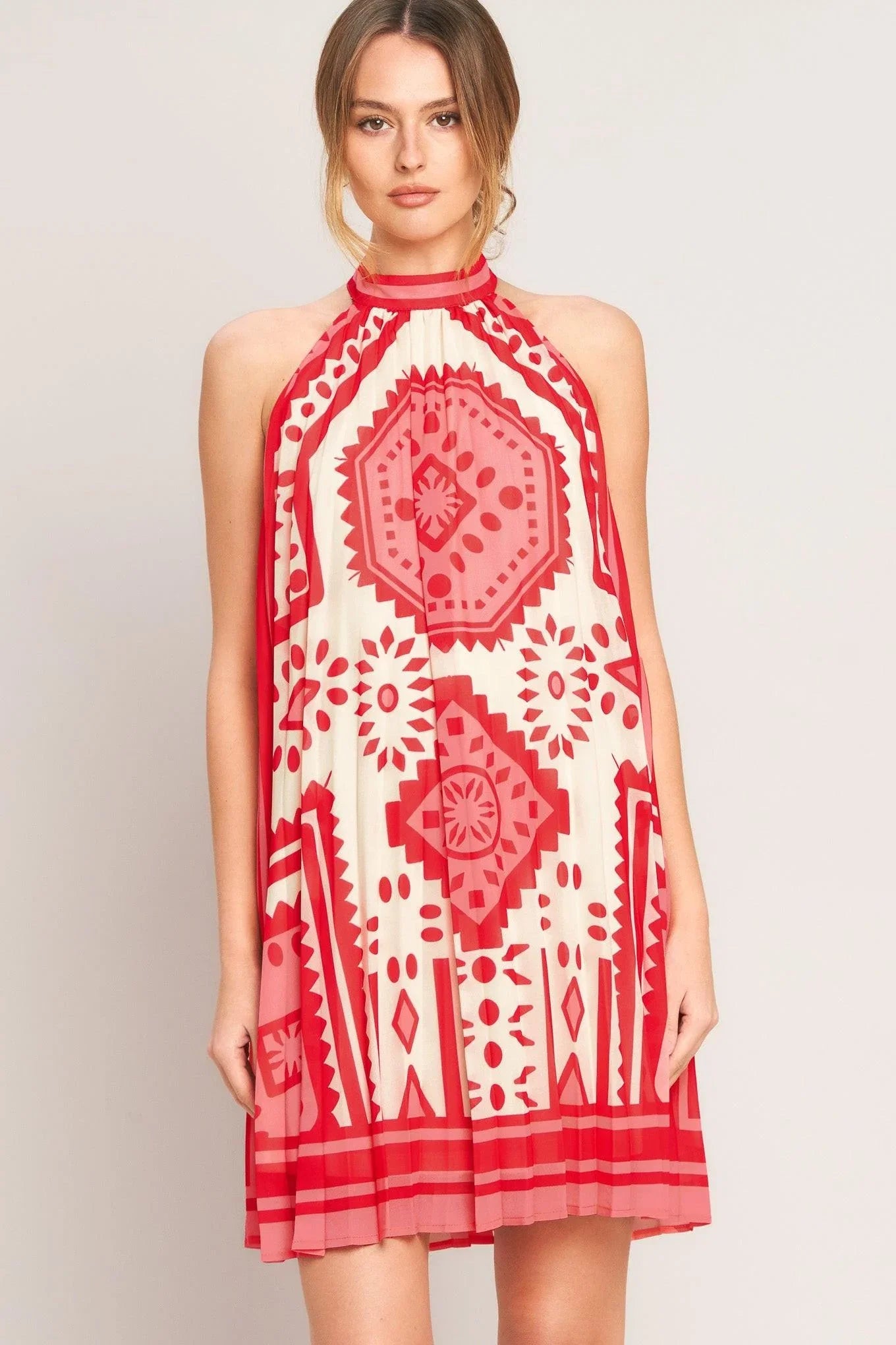 SUNSET MEDALLION PLEATED MINI DRESS