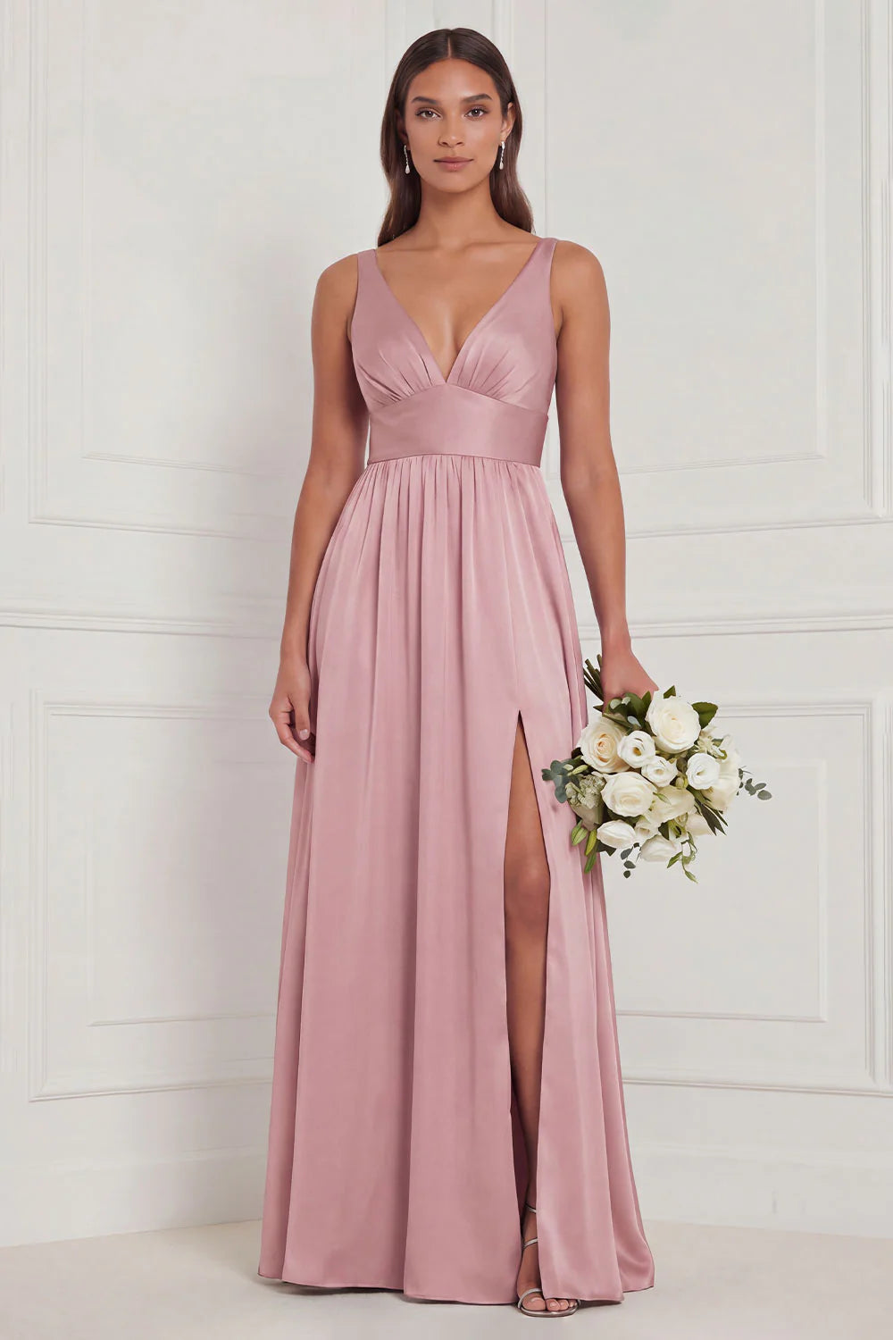 Dusty Blue A Line V Neck Bridesmaid Dress with Slit