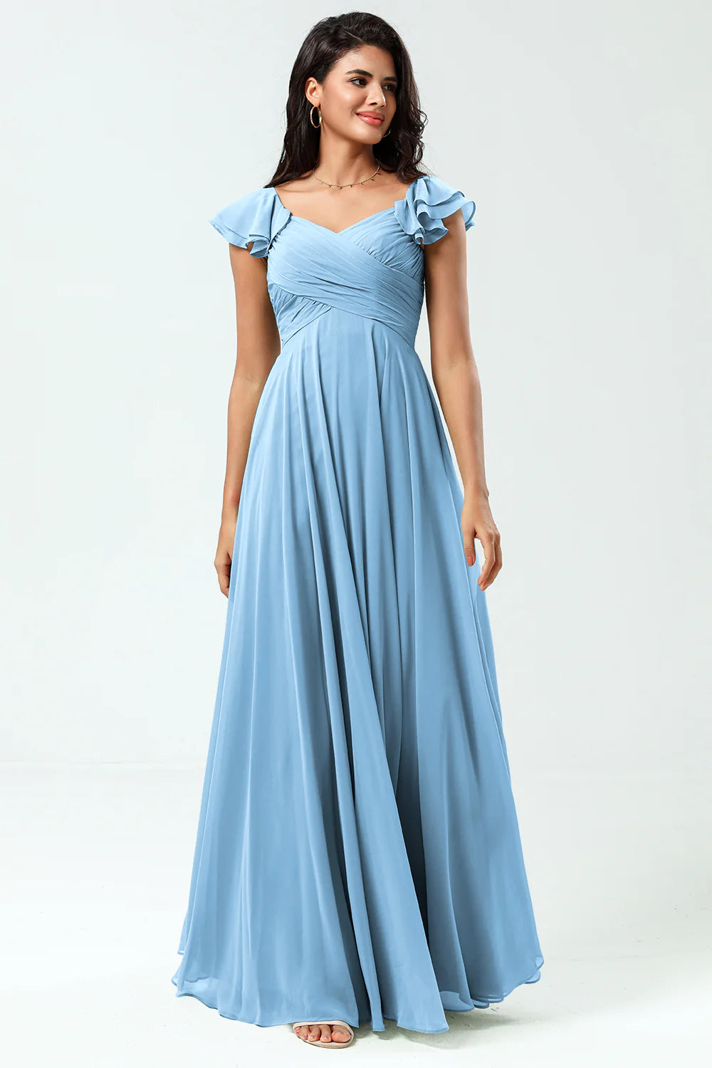 Lace Up Back Cross A Line Chiffon Bridesmaid Dress with Ruffles