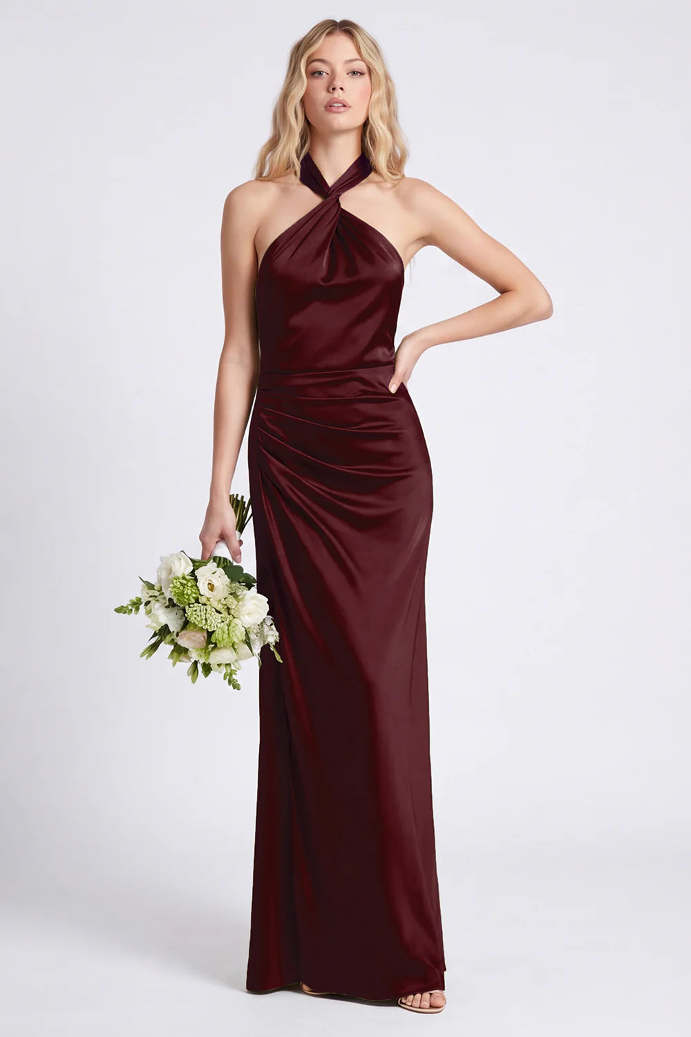 Green Halter Mermaid Ruched Long Bridesmaid Dress