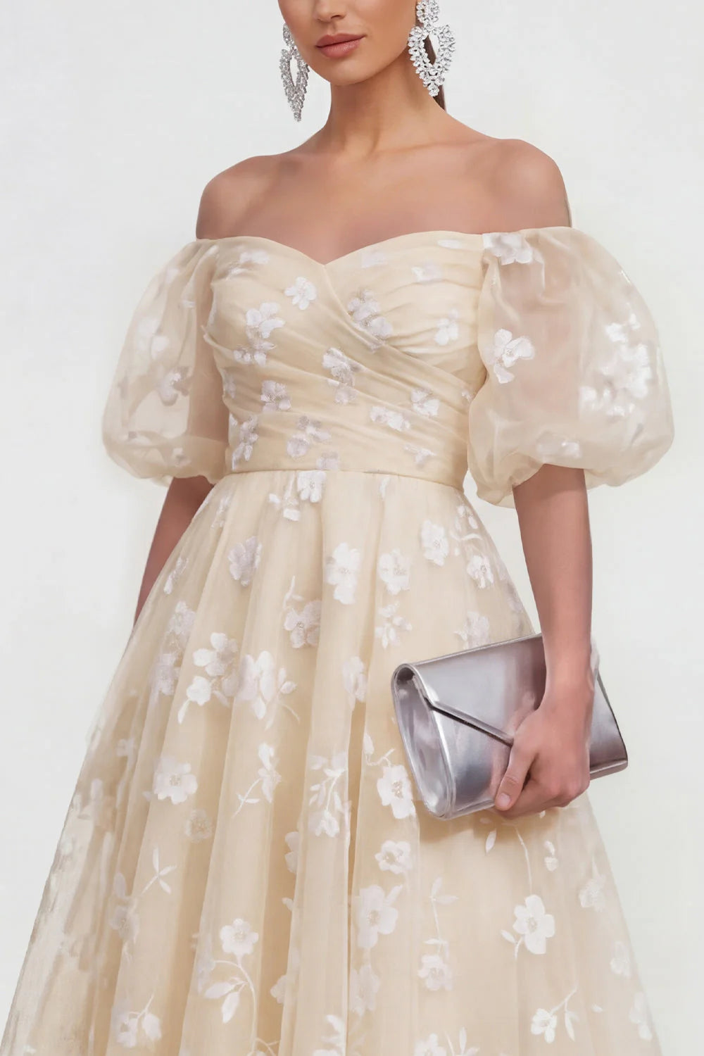 Off the Shoulder Floral Lilac Ruched A Line Wedding Guest Dress