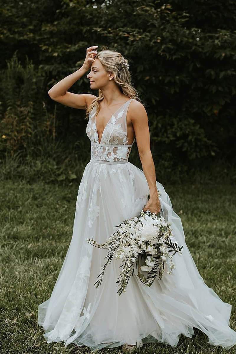 Marvelous V neck A Line Wedding Dress Tulle Appliques Rustic Wedding Dress