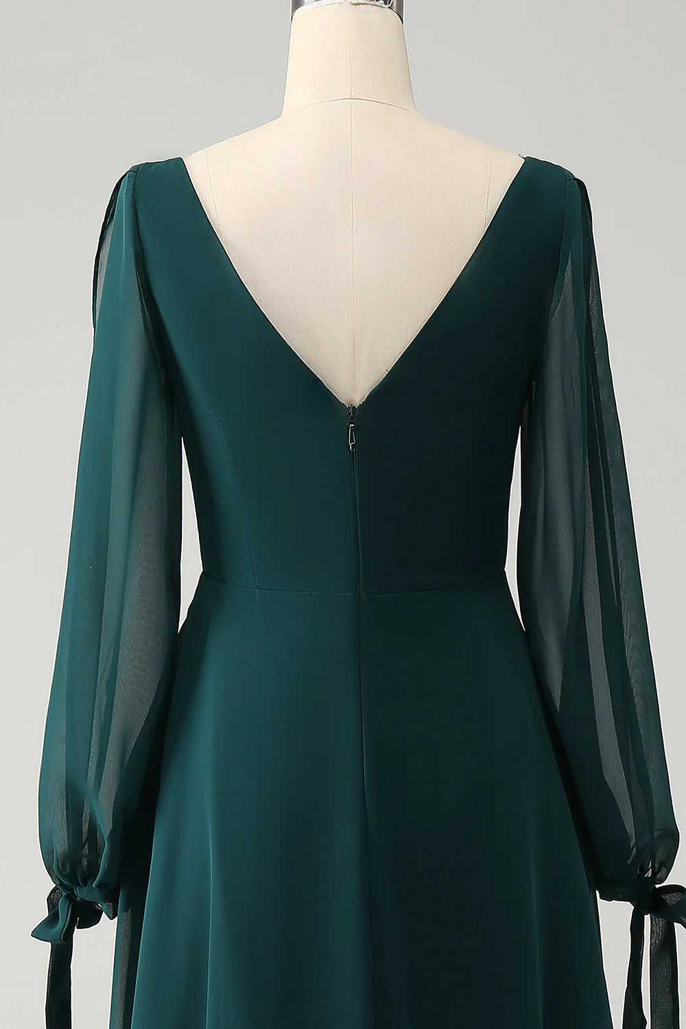 Dark Green A Line Bateau Neck Long Sleeves Chiffon Long Bridesmaid Dress with Slit