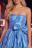 Strapless Blue A Line Short Homecoming Dress with Bow