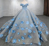 Quinceanera Blue Off the Shoulder Ball Gown Flower Dress