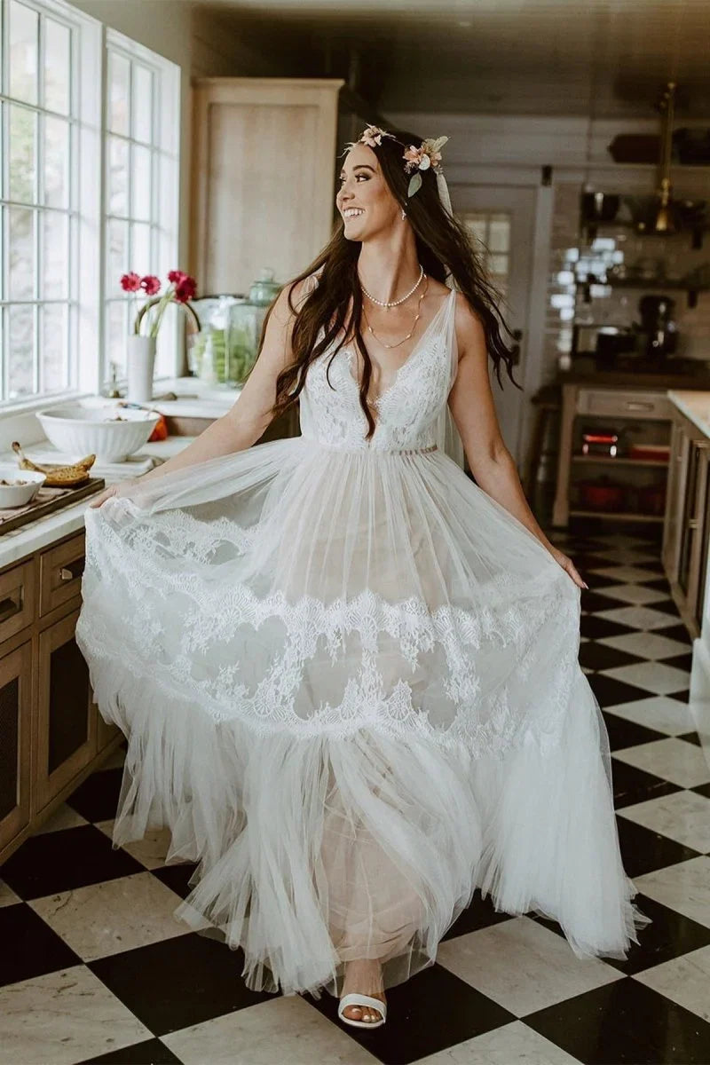 Boho V Neck Lace Tulle Wedding Dress