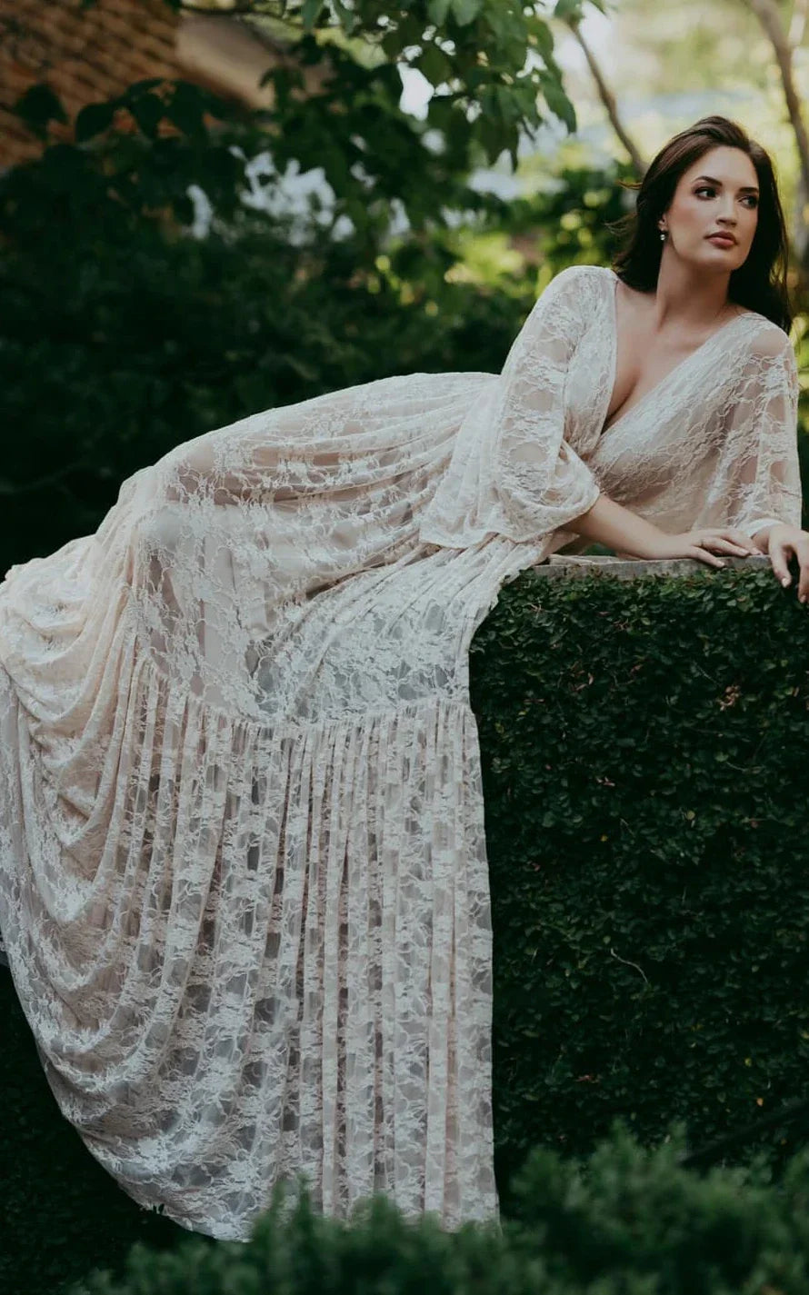 A Line Plunging Neckline Lace Wedding Dress With Open Back
