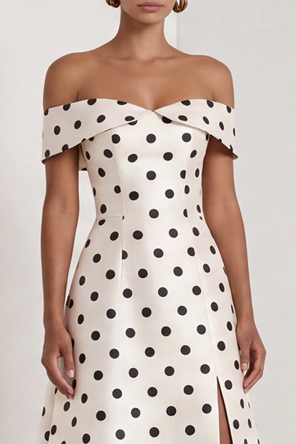 Off the Shoulder Black White Polka Dot A Line Maxi Formal Dress with Slit