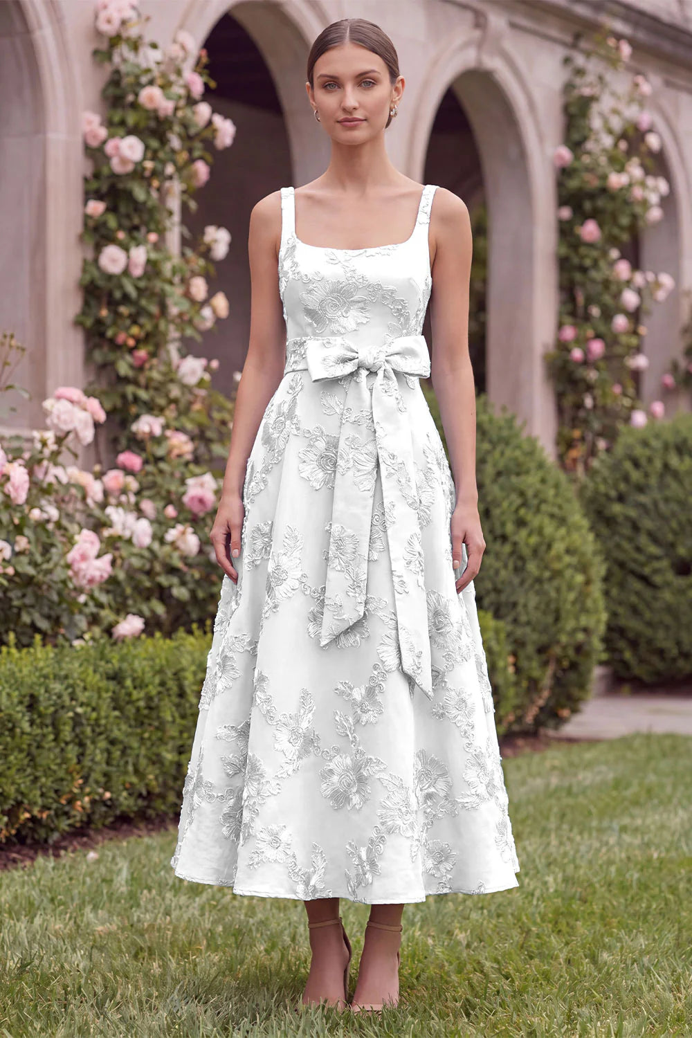 Sage Floral A Line Embroidery Square Neck Wedding Guest Dress with Bow
