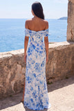 Blue Floral Off the Shoulder Wedding Guest Dress with Slit