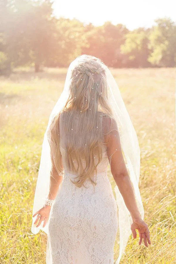 Vintage Tulle With Pearls Short Wedding Veil