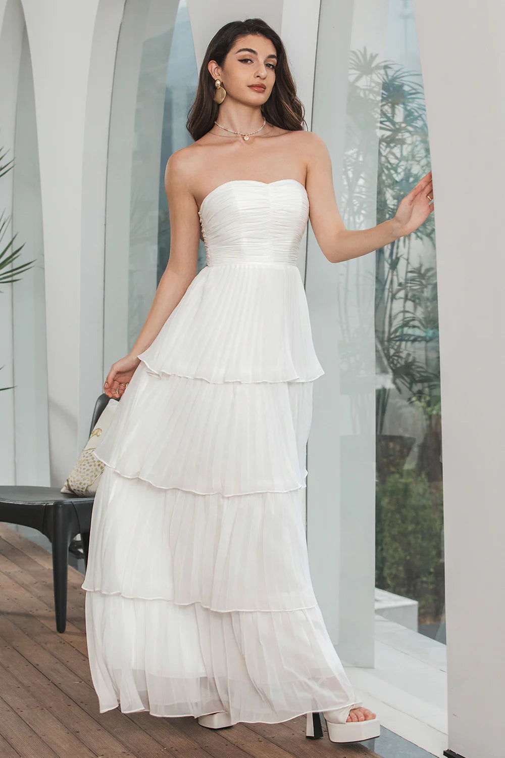 A Line Strapless Tiered Long Chiffon Maxi White Dress