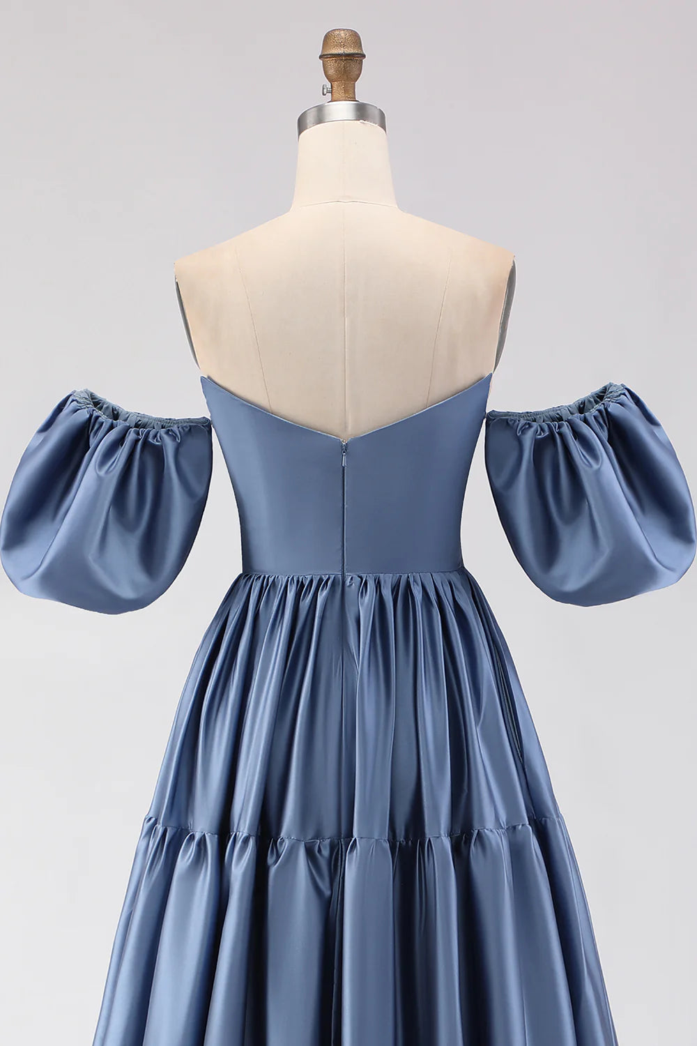 Off the Shoulder A Line Steel Blue Long Prom Dress with Removable Sleeves